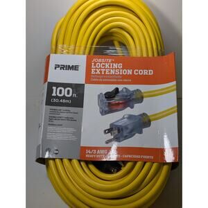 Prime 100 Ft 14/3 SJTW Jobsite Locking Extension Cord Yellow Lighted End New